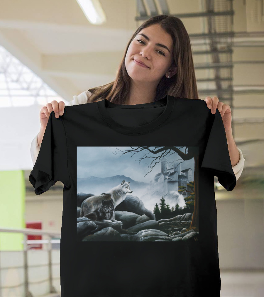 Castle Guards Wolf Duo in Misty Fortress Landscape T-Shirt