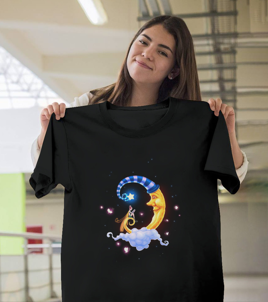 Whimsical Crescent Moon and Dreamy Storytime Scene with Fairy and Starry Night Motif T-Shirt