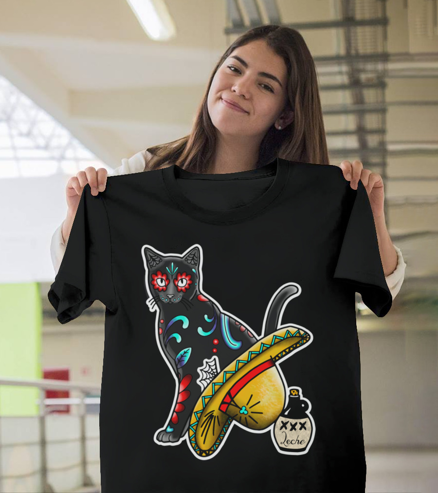 Gato En Un Sombrero Día de los Muertos Cat Leche T-Shirt