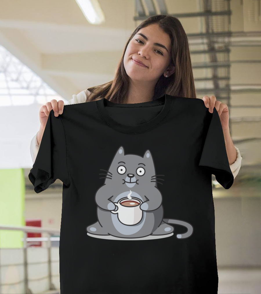 Cat and Coffee Mug Illustration Featuring a Cute Cat Holding a Cup T-Shirt