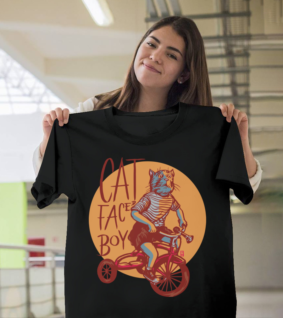 Cat Faced Boy Riding Tricycle in Striped T-Shirt