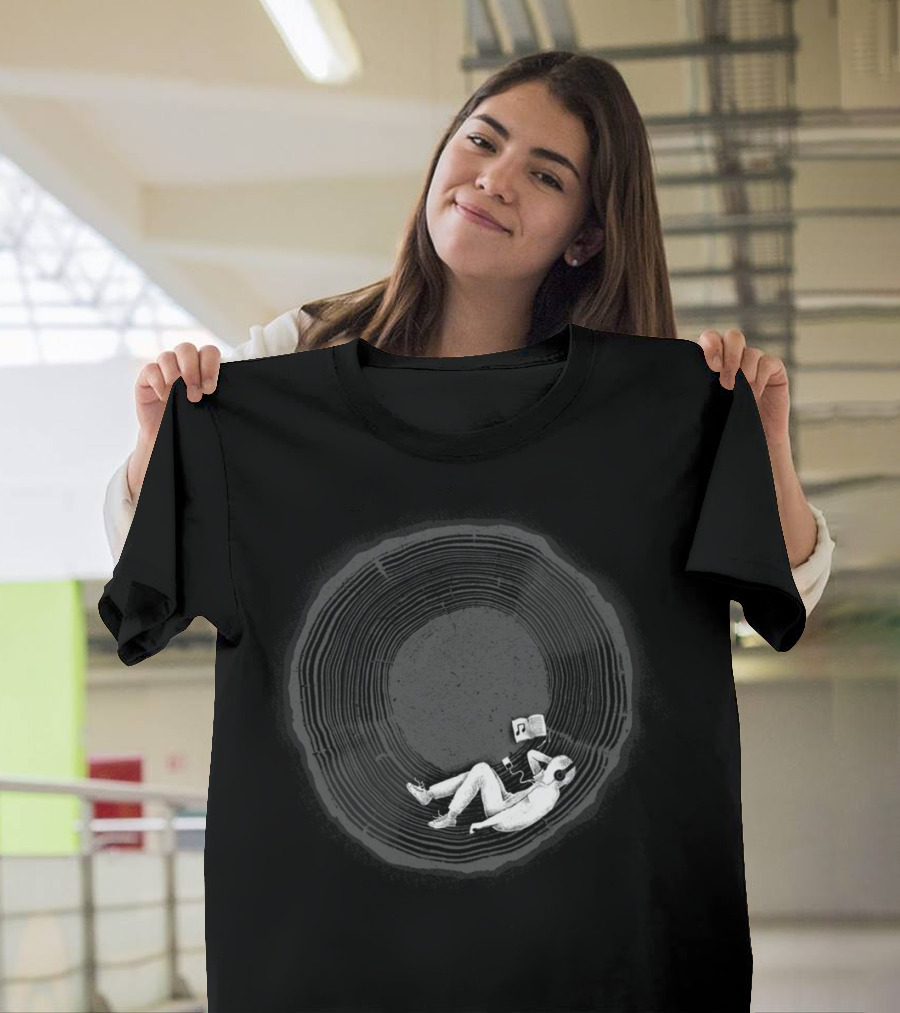 Feel Calm And Peaceful Lying in Vinyl Record Groove Listening to Music with Headphones T-Shirt