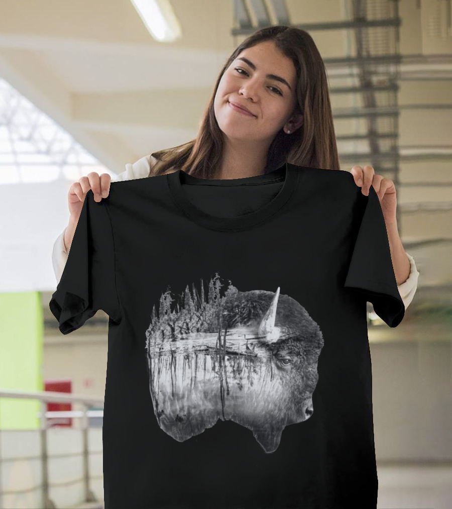 Double Exposed Bison Landscape Reflection T-Shirt