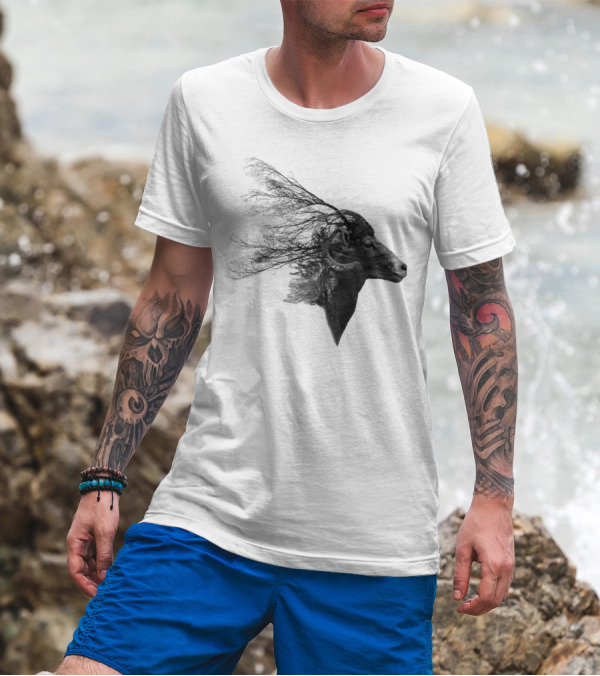 Double Exposed Mountain Goat Branches Fusion T-Shirt