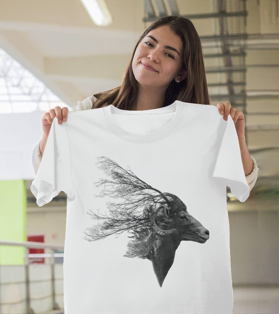 Double Exposed Mountain Goat Branches Fusion T-Shirt