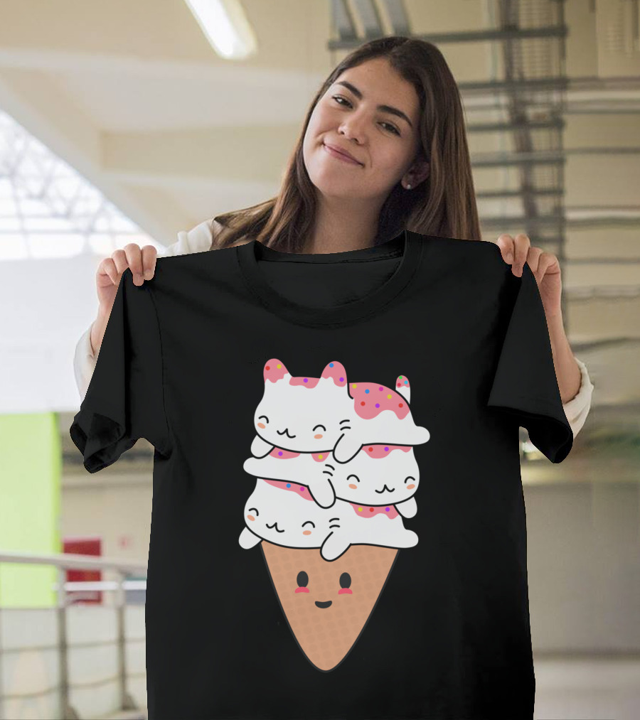 Cat Ice Cream Stacked Kawaii Cone with Sprinkles T-Shirt
