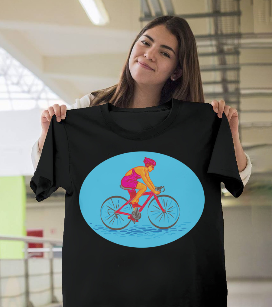 Female Cyclist Riding Bike Drawing Vibrant Pink and Orange Rider Oval Background T-Shirt