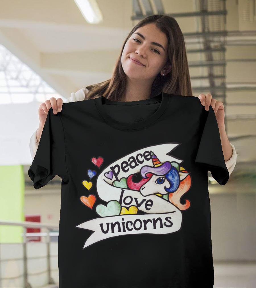 Peace Love Unicorns Colorful Hearts Banner Magical T-Shirt