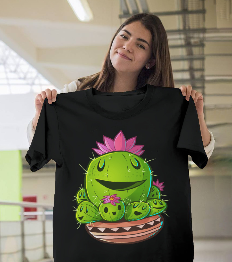 Cacti Family Happy Desert Plant Group with Smiling Faces and Pink Flowers T-Shirt