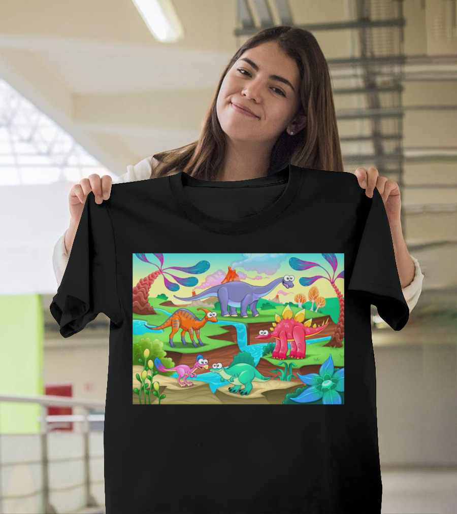 Group Of Funny Dinosaurs In A Prehistoric Cartoon Landscape T-Shirt