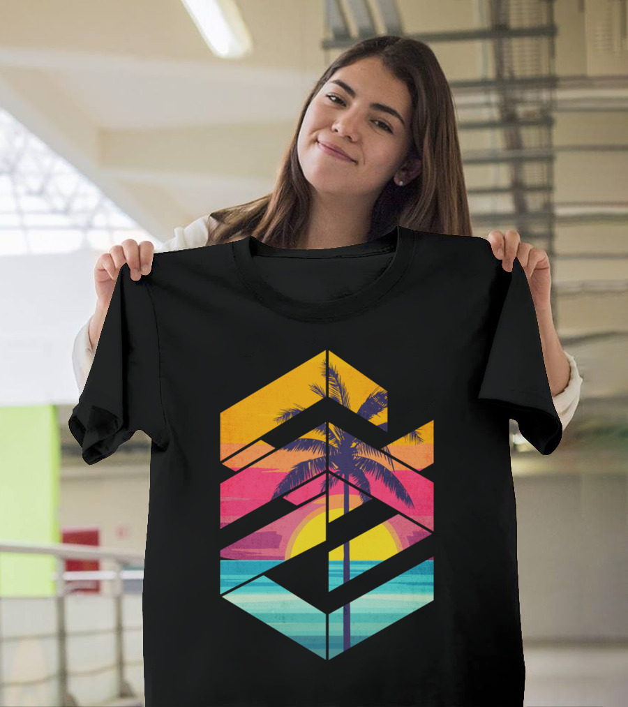 Geometric Palm Sunset Through Stripes T-Shirt