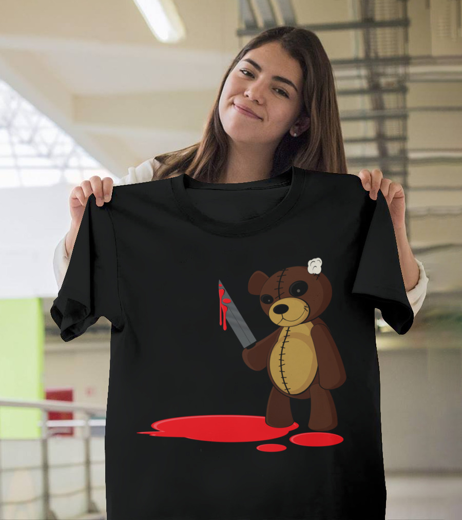 Psycho Bear Holding Bloody Knife with Stitched Ear T-Shirt