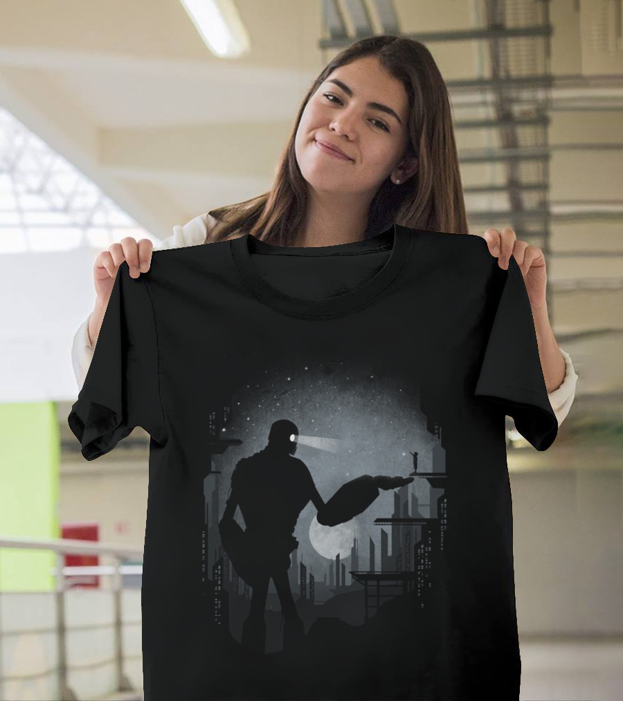 My Robot Friend Under Starry Night with Sci-Fi Cityscape T-Shirt