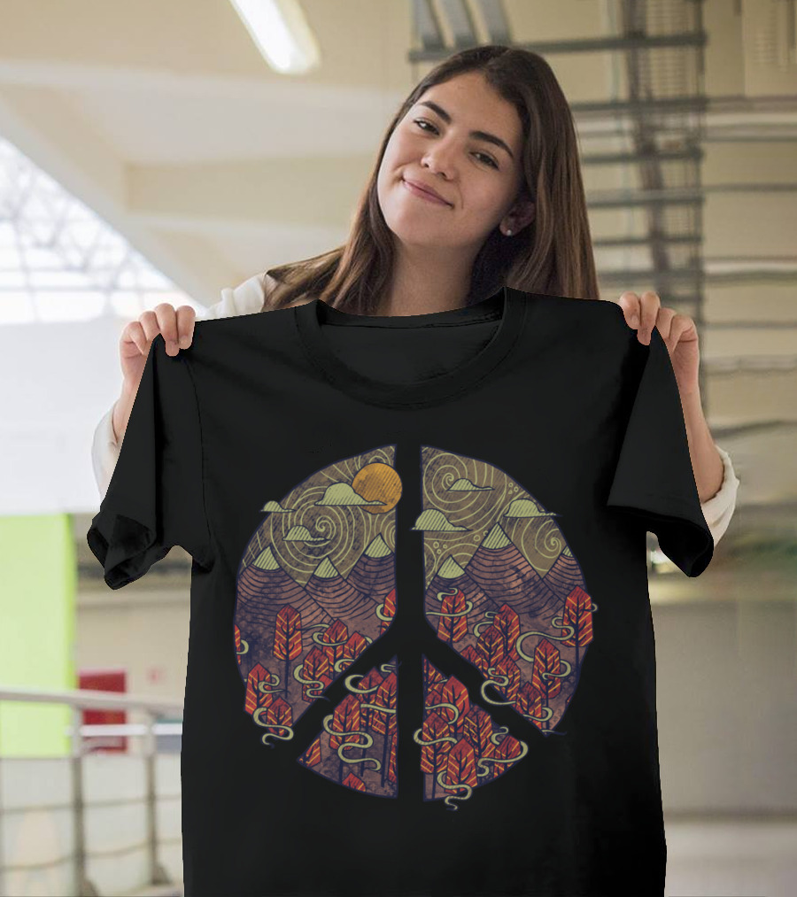 Peaceful Landscape Mountains and Red Forest with Swirling Clouds T-Shirt