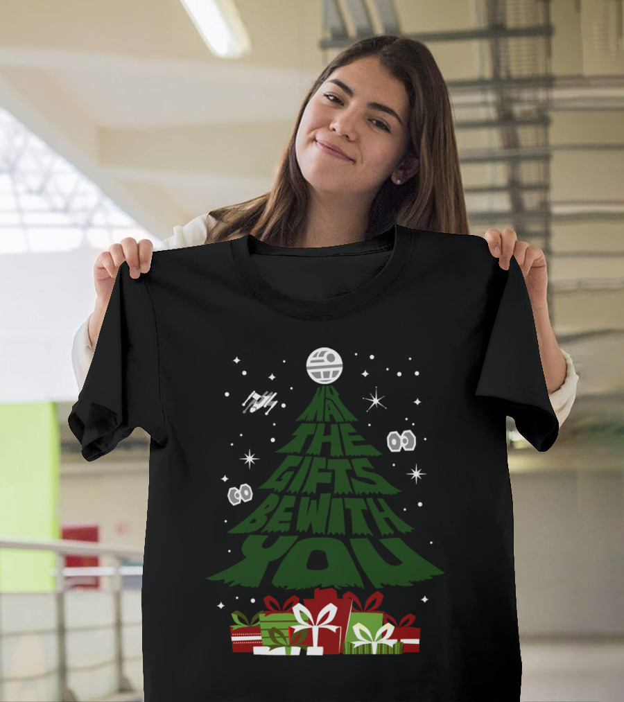 May The Gifts Be With You Christmas Tree Spaceship Stars Presents T-Shirt