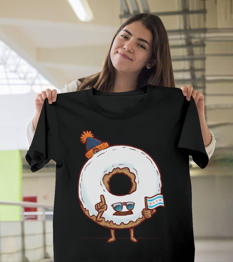 Chicago Donut with Sunglasses and Chicago Flag Beanie T-Shirt