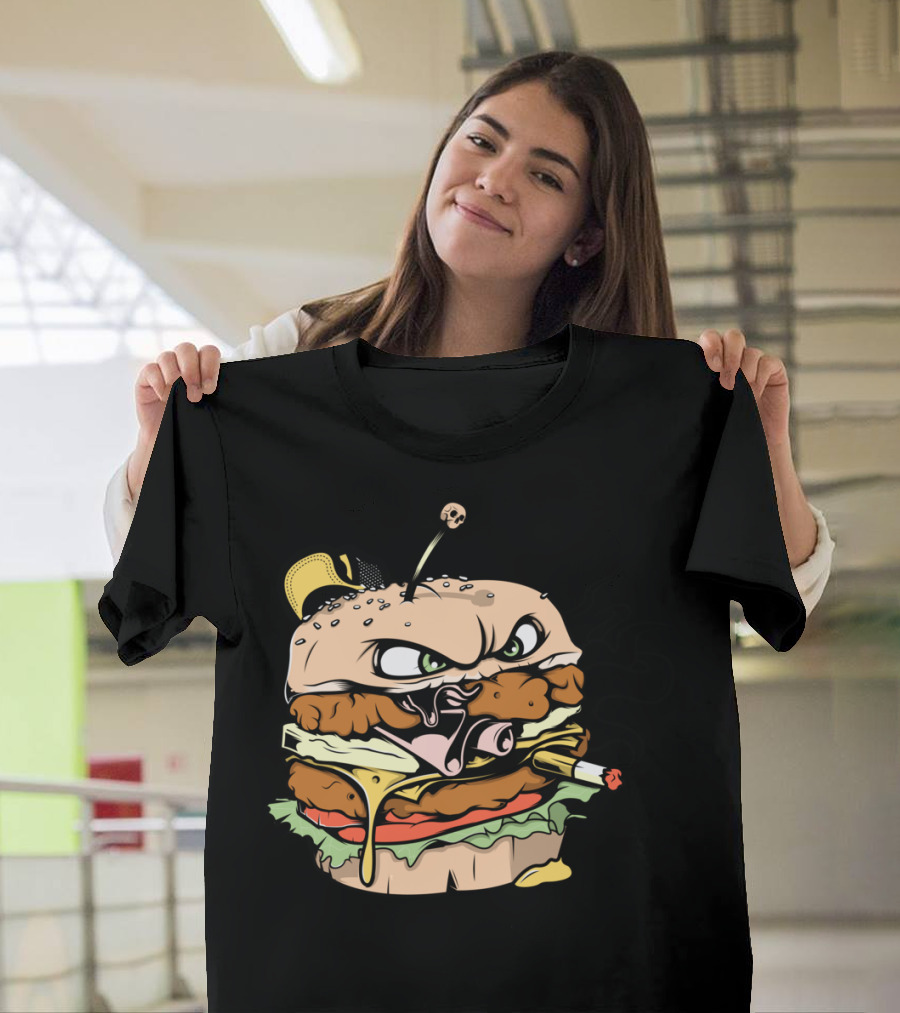 Mean Burger with Angry Face and Hat Smoking a Cigarette T-Shirt