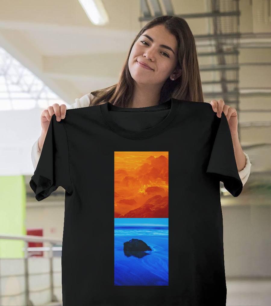 California Contrasts Fiery Mountains and Tranquil Ocean Blue T-Shirt