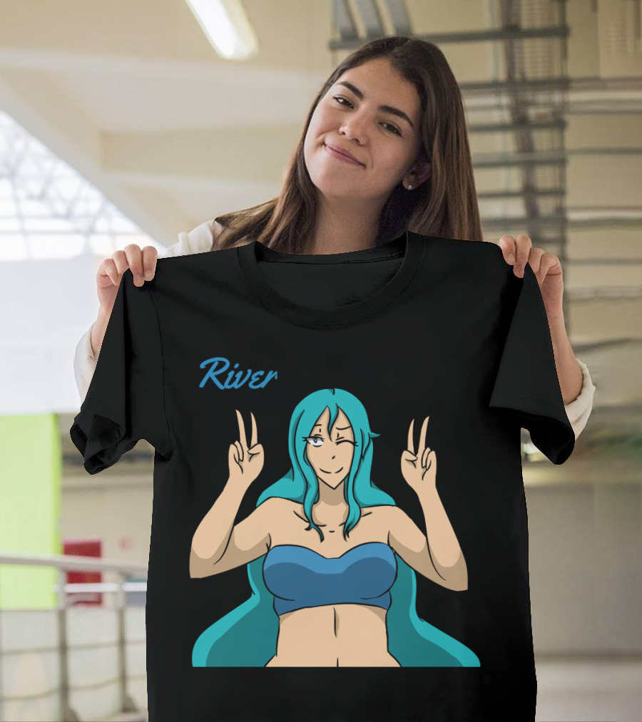 River Peace Sign Anime Character Blue Hair Winking T-Shirt