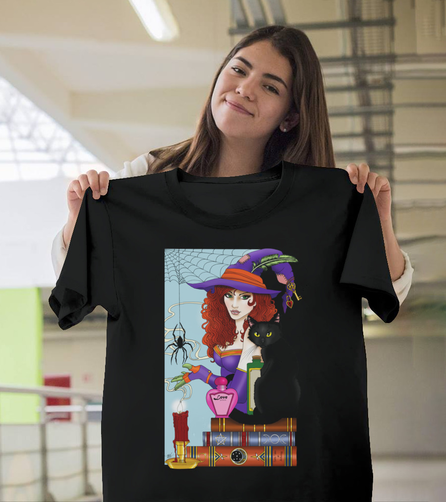 Cat Book And Candle Witch's Potion Spider Web T-Shirt