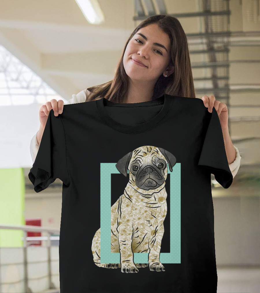 Pug Flower Pattern in Geometric Frame T-Shirt