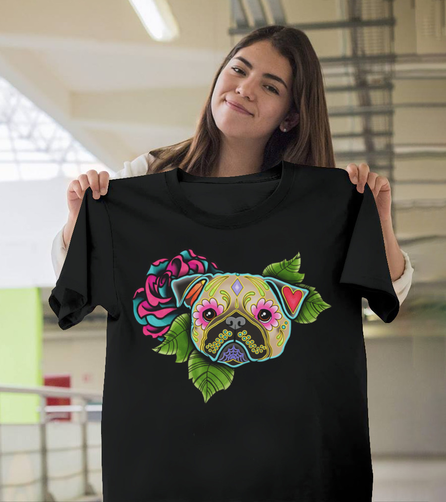 Pug Fawn Day Of The Dead Sugar Skull with Rose and Leaves T-Shirt