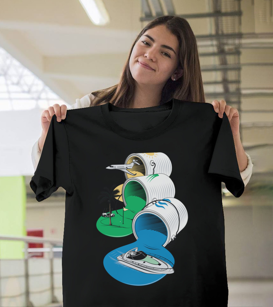 Luxury Escapes with Planes, Palm Trees, and Boats Flowing from Colorful Barrels T-Shirt