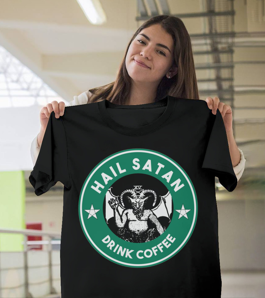 Hail Satan Drink Coffee Baphomet Pentagram Circle T-Shirt