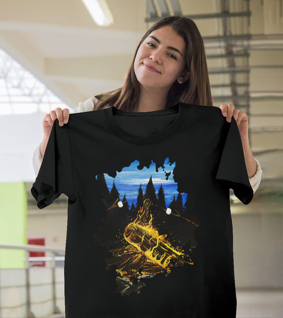 Camp Fire Burning Log Forest NightScape T-Shirt