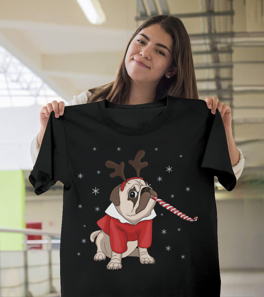 Pug in Reindeer Antlers and Red Sweater with Candy Cane T-Shirt