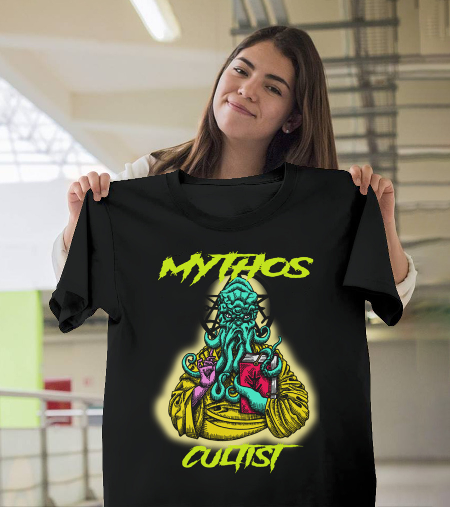 MYTHOS CULTIST Cthulhu Holding Book with Occult Symbol Background T-Shirt