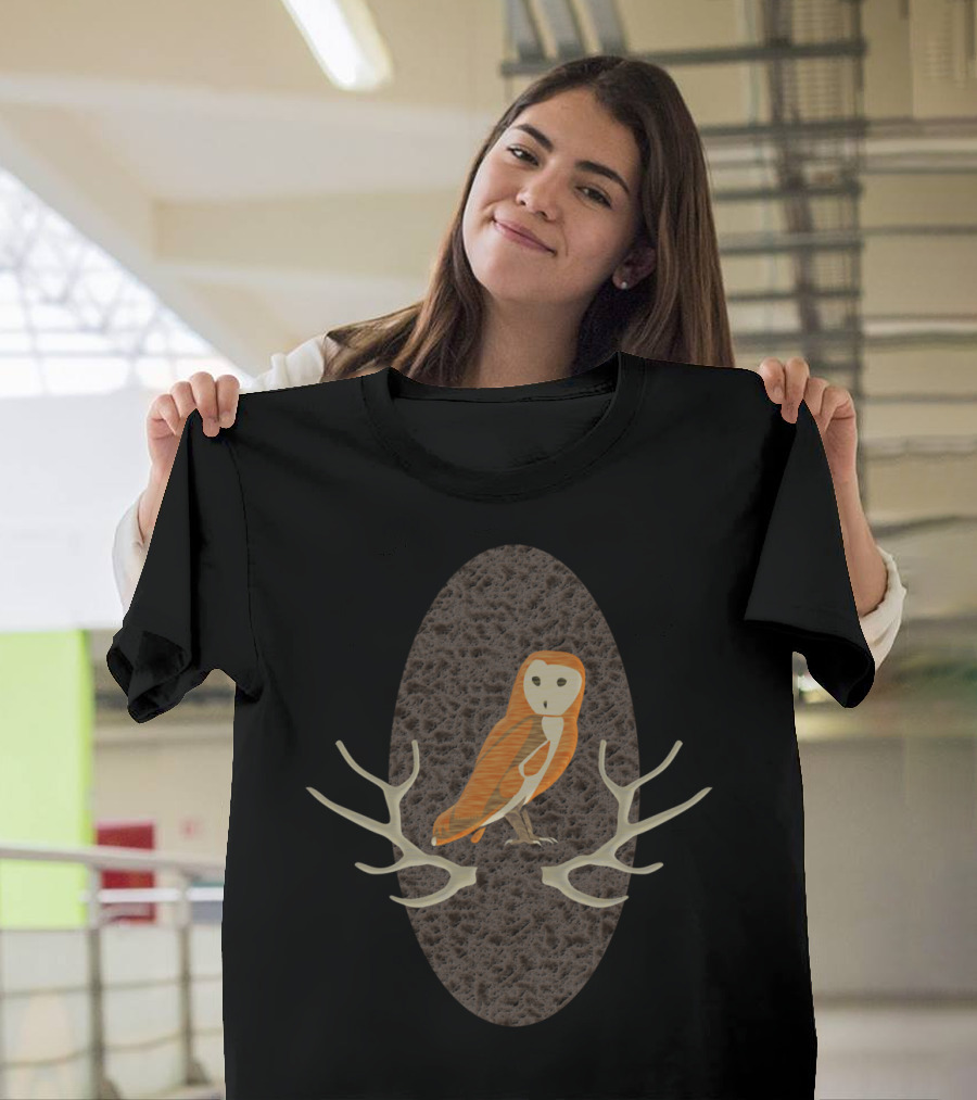 British Barn Owl with Antler Accents in Woodgrain Cutout T-Shirt