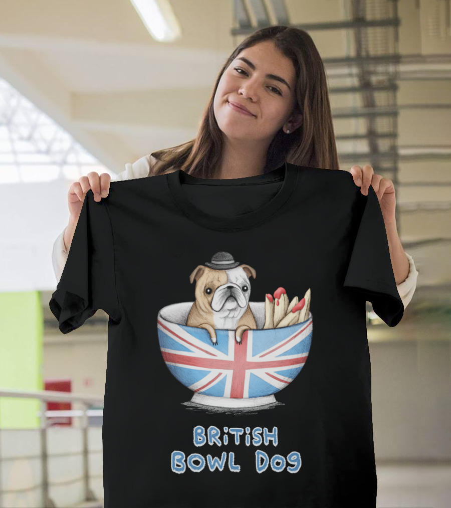 British Bowl Dog Fries Bulldog UK Union Jack Bowler Hat T-Shirt