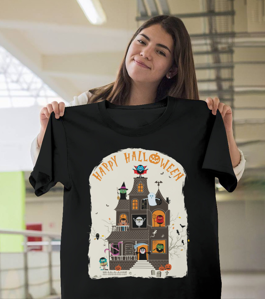 Happy Halloween Haunted House with Monsters and Ghosts T-Shirt