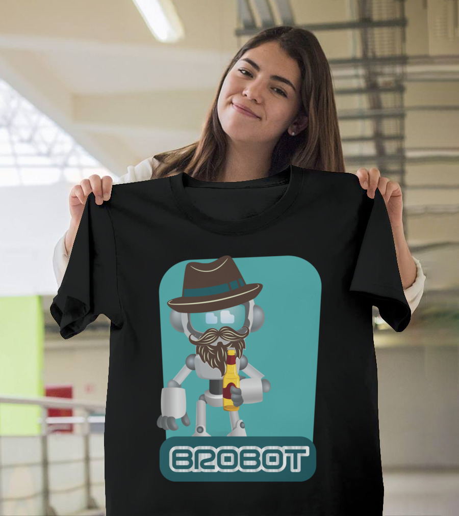 BROBOT Robot with Hat and Beard Holding Bottle T-Shirt