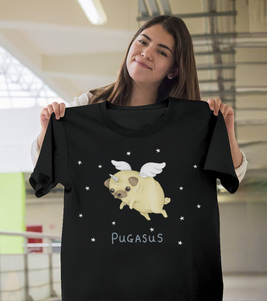 Pugasus Flying Unicorn Pug Surrounded by Stars T-Shirt
