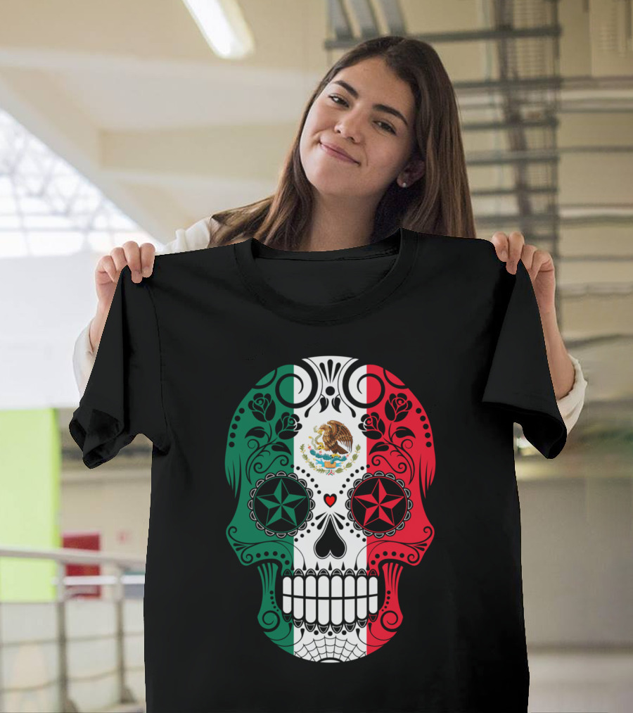 Mexican Flag Sugar Skull with Eagle Emblem and Floral Decorations T-Shirt