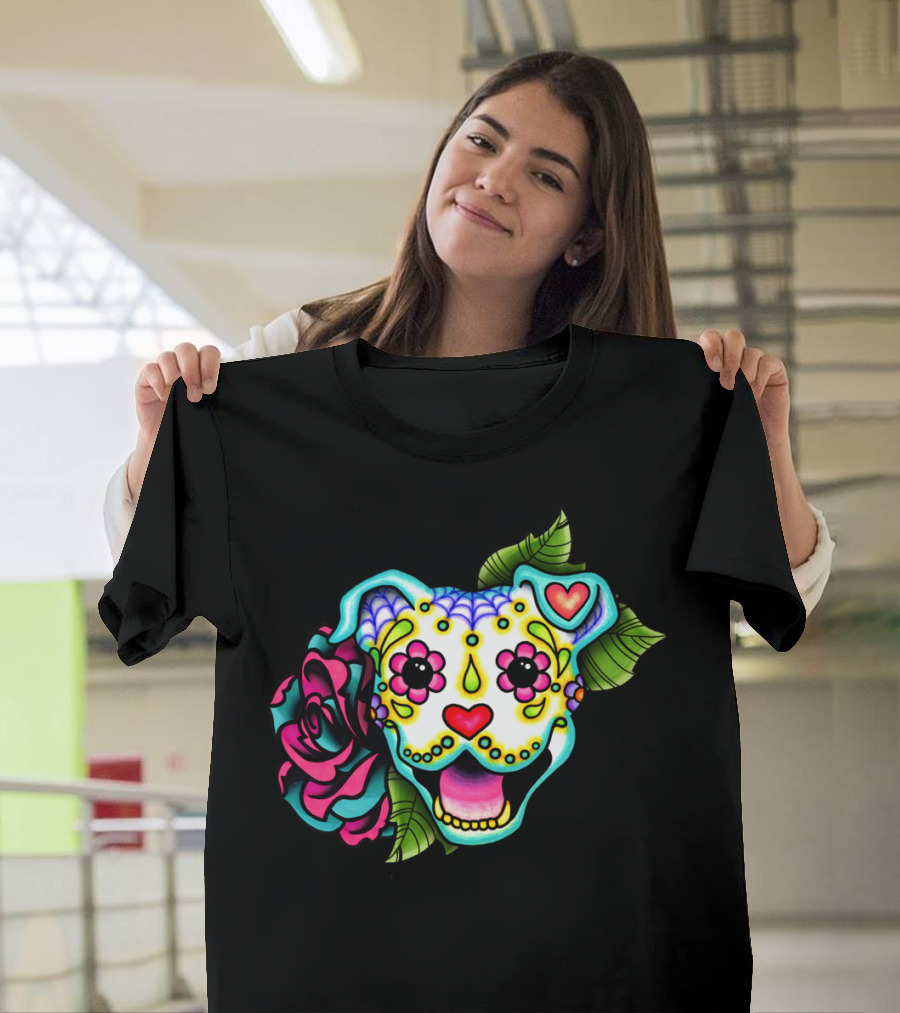Smiling Pit Bull Day Of The Dead Pitbull Sugar Skull Flower Heart T-Shirt