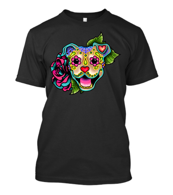 Smiling Pit Bull Fawn Day Of The Dead Rose T-Shirt