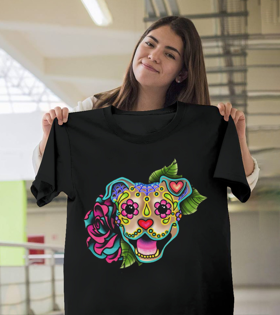 Smiling Pit Bull Fawn Day of the Dead Rose T-Shirt