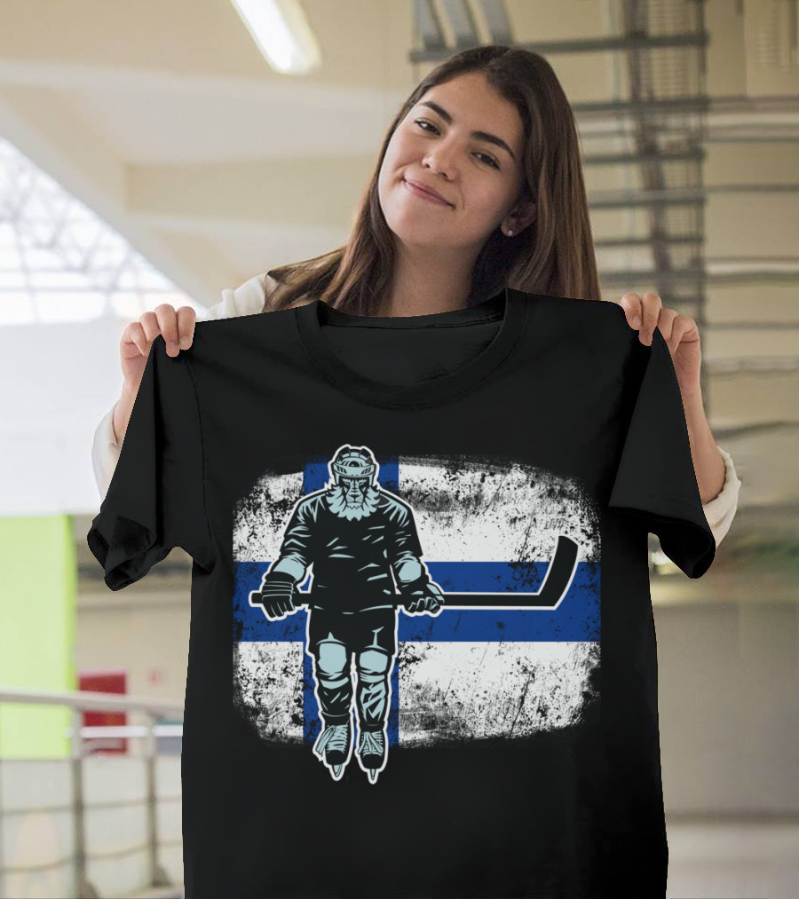 Finnish Lion Ice Hockey Player Finland Flag Background T-Shirt