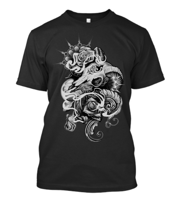 Smokey Roses And Ram Skull With Ornate Floral Swirls T-Shirt