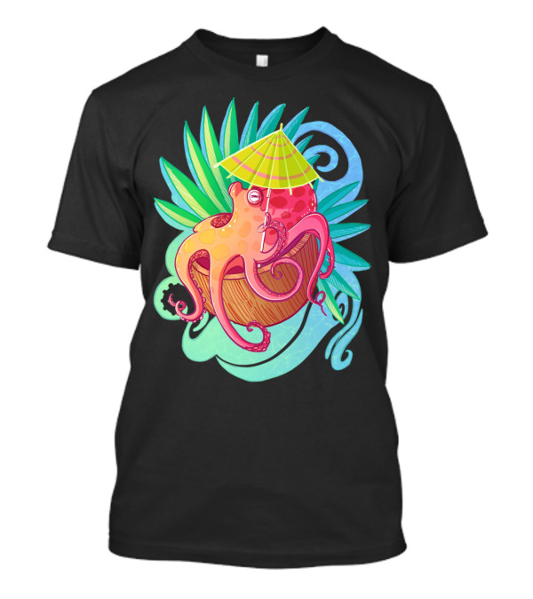 Octopus Relaxing Under Umbrella With Tropical Leaves T-Shirt