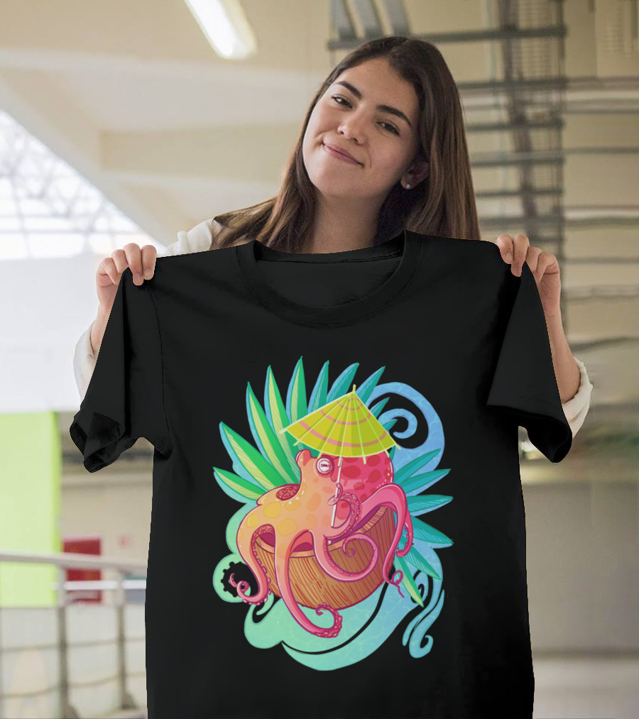 Octopus Relaxing Under Umbrella with Tropical Leaves T-Shirt