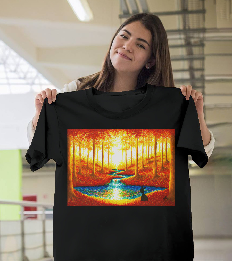 DREAMING Through Enchanted Autumn Forest with Glowing Stream and Silhouetted Figure T-Shirt
