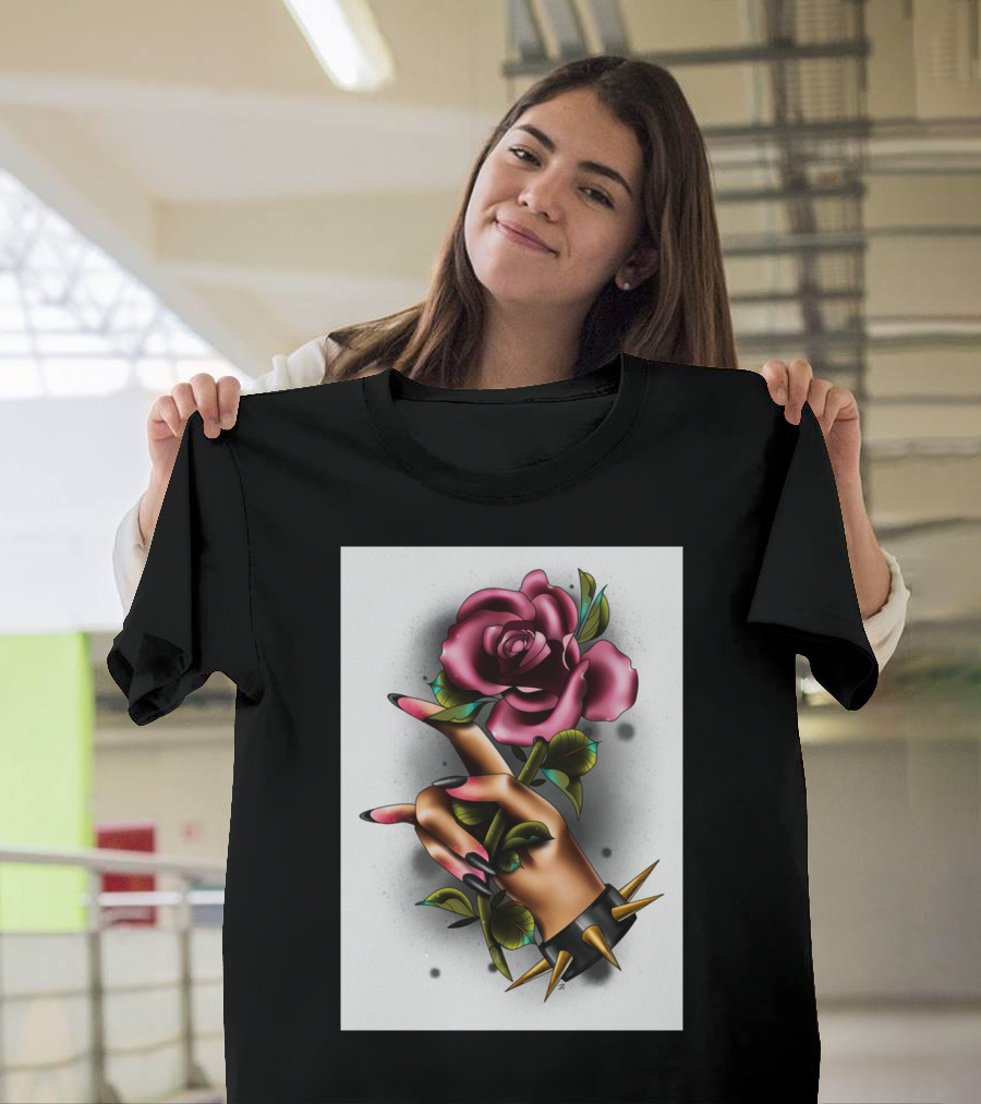 Rock Hand Gesture with Spiked Bracelet and Rose T-Shirt