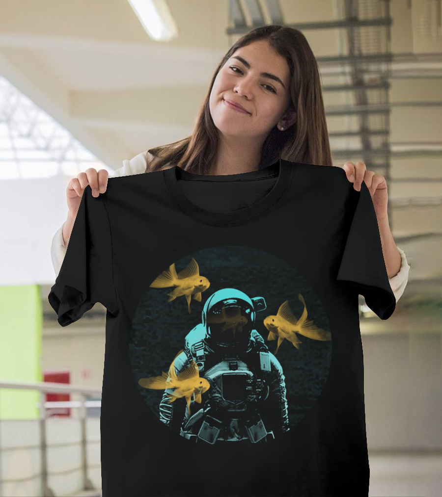 Astronaut Encountering Surreal Floating Goldfish in Space T-Shirt