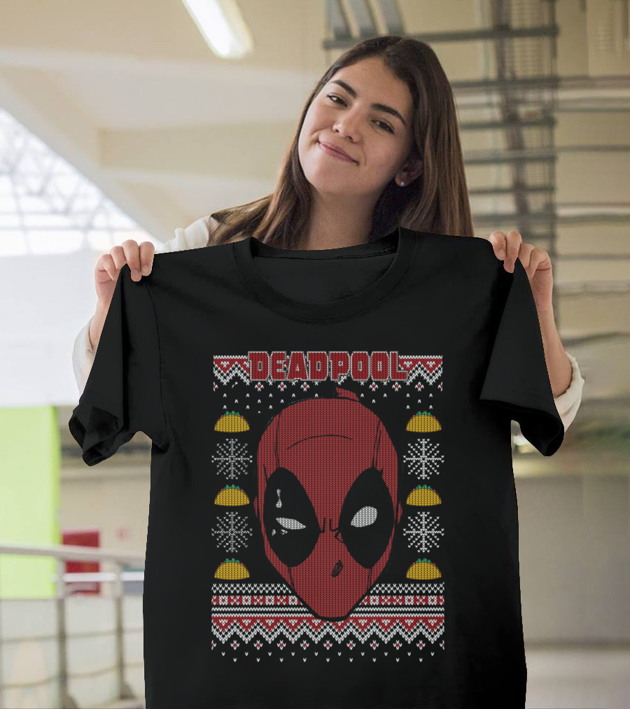 Deadpool Face Snowflakes and Tacos Ugly Christmas T-Shirt