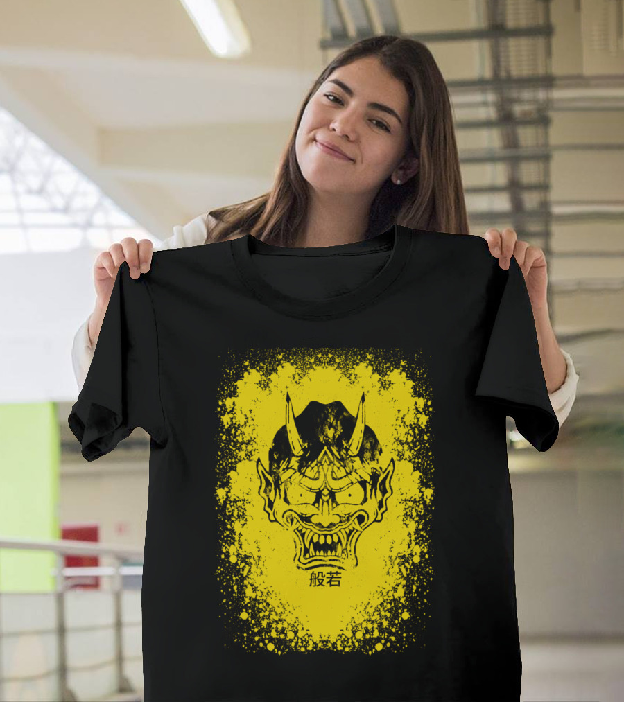 Hannya Mask Yellow Background Kanji T-Shirt