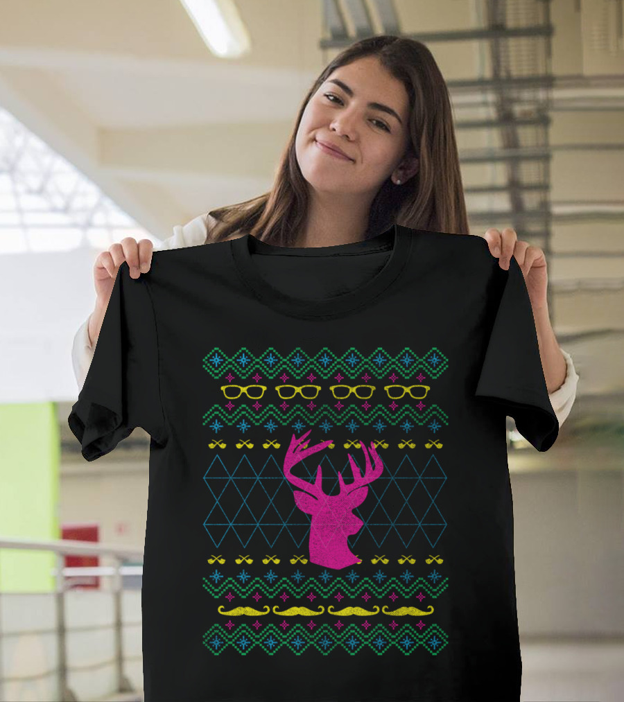 Neon Ugly Hipster Deer with Glasses and Mustache T-Shirt